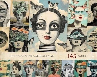 Surrealistische Vintage-Collage mit maskierten Porträts, Schmetterlingen und Textfragmenten